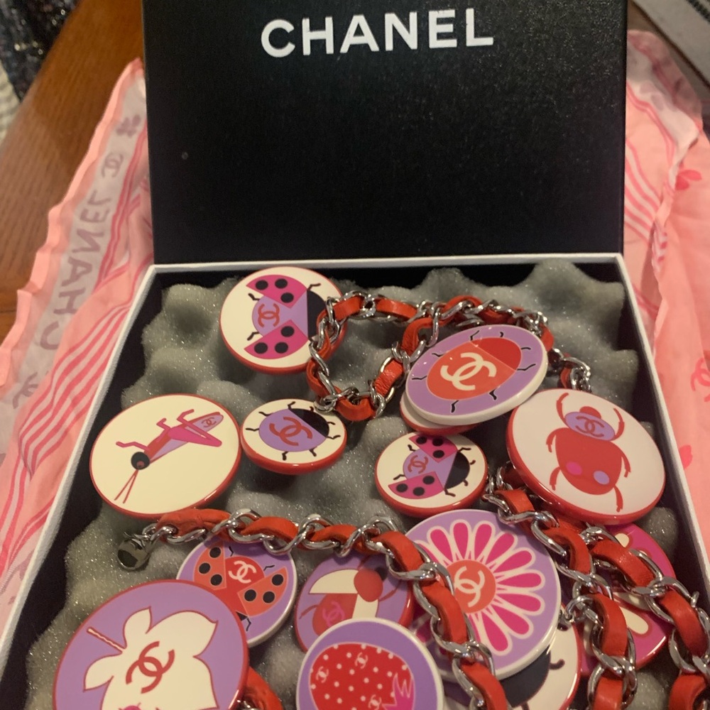 Vintage Authentic Chanel red leather chain belt / necklace rare CC logos!